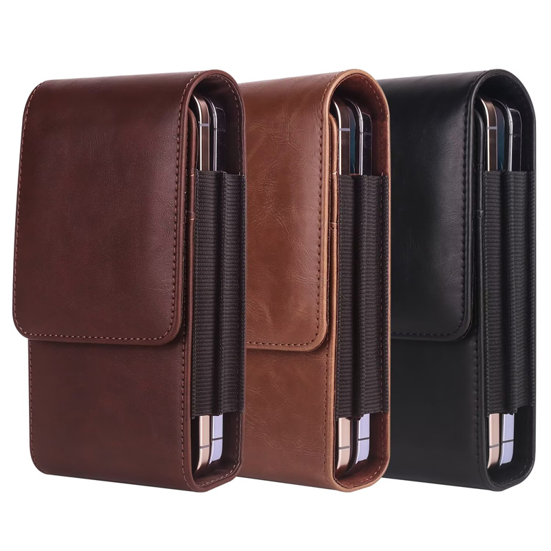 Vertical Dual Pouch Cell Phone Belt Pouch Durable Smartphone Waist Holder Case light Brown