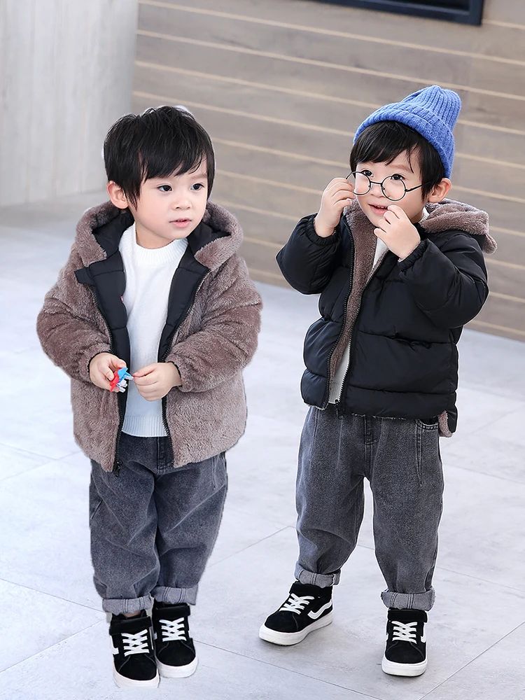 Reversible Cartoon Hooded Baby Winter Coat Plush Toddler Fleece Jacket gray 5 6y 130