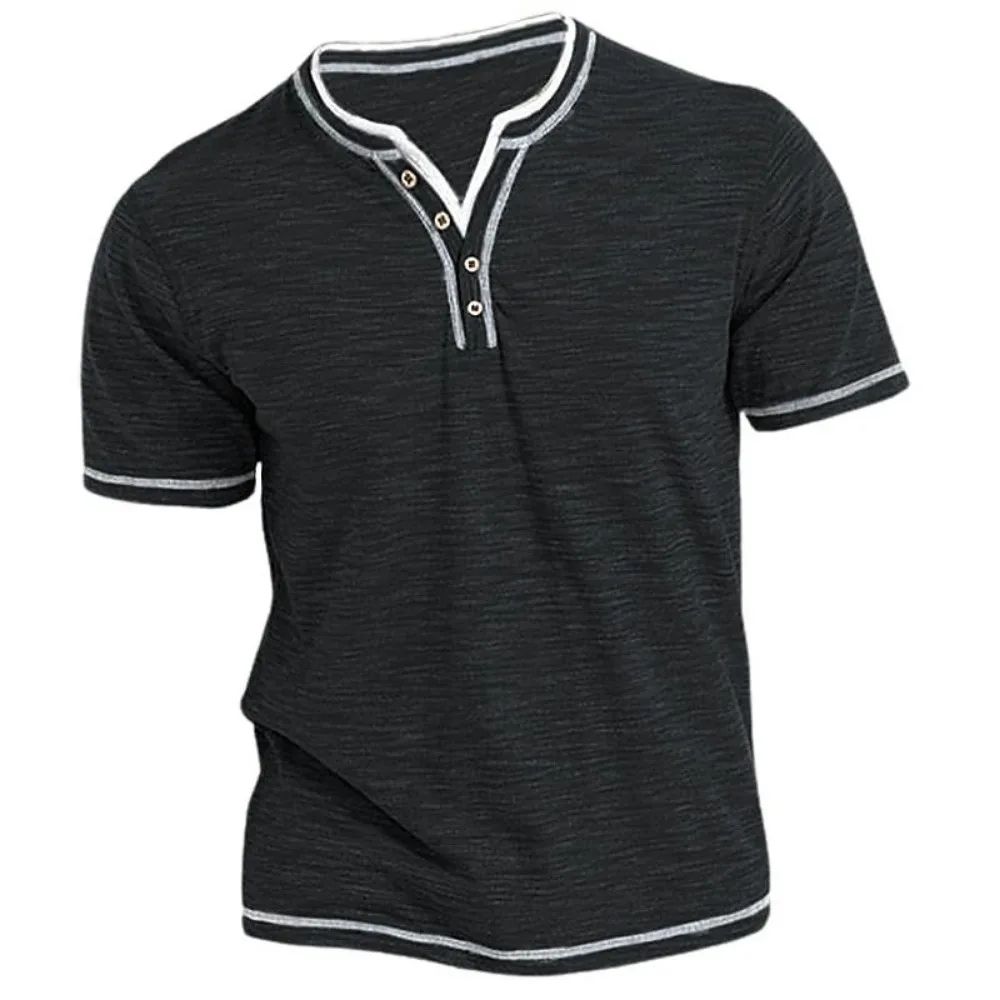 Men's Cotton V Neck Henley T Shirt Casual Slim Fit Short Sleeve Tee black 3xl