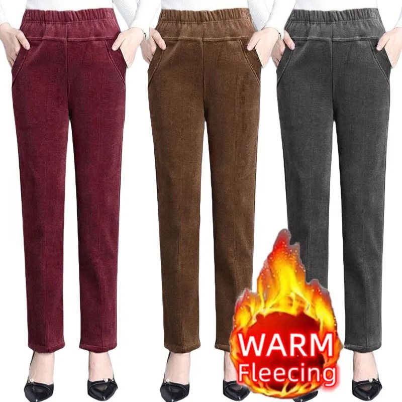 Womens High Waist Fleece Pants Elegant Corduroy Leggings Warm Winter Pencil Trousers gray Thin xl