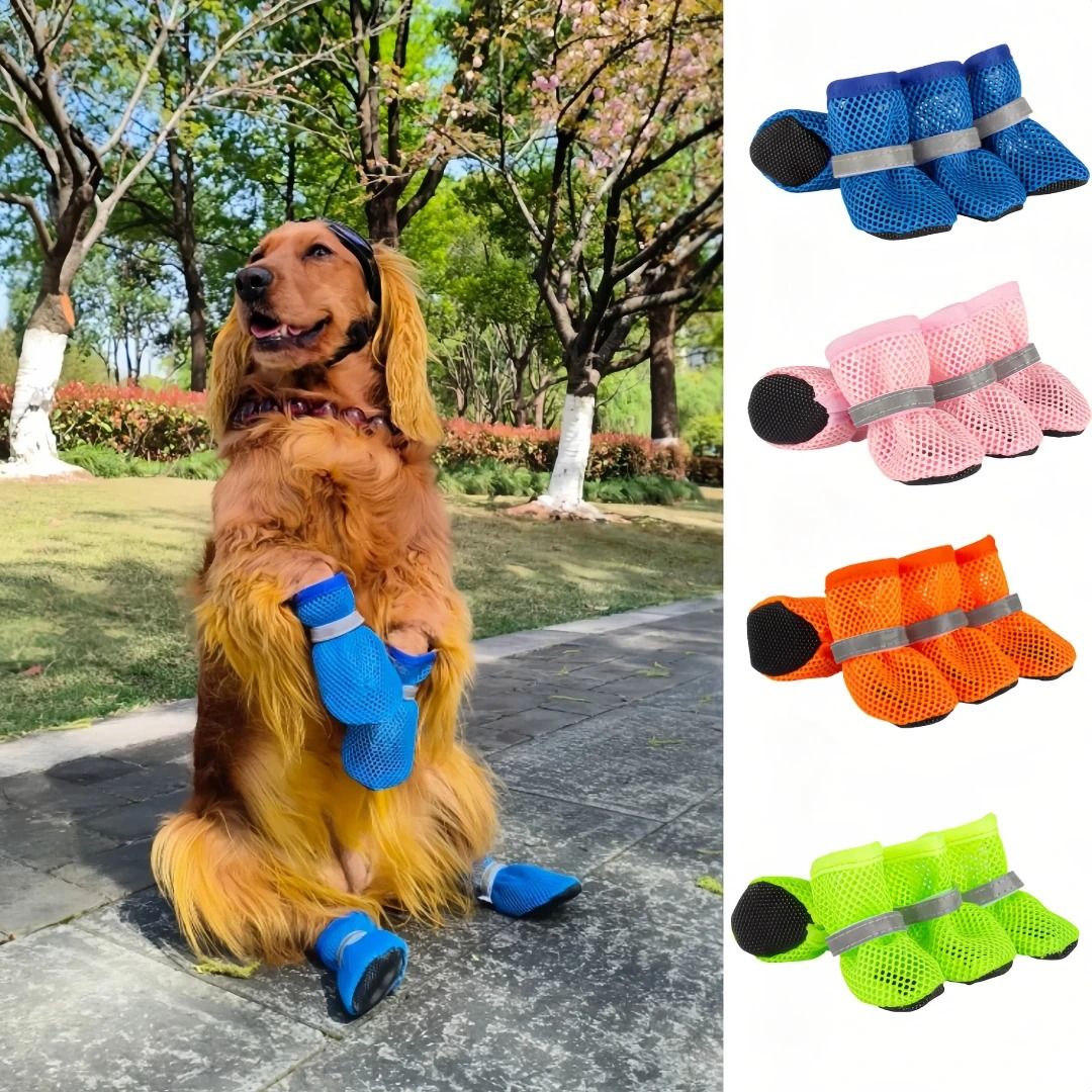 4PCS Summer Dog Shoes Breathable Anti Slip Wear Resistant Outdoor Boots For Small Dogs blue m