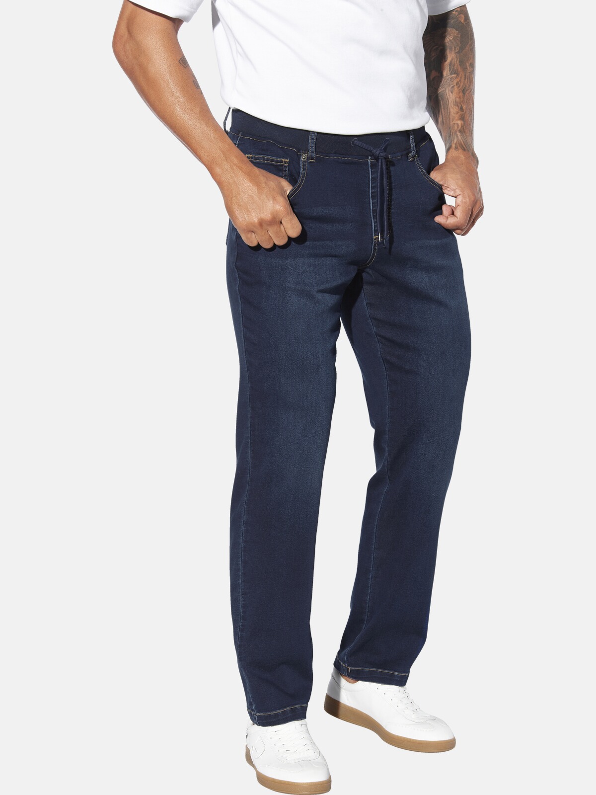 Schlupfjeans JAN VANDERSTORM "Schlupfjeans HARLUND", Herren, Gr. 58, N-Gr, blau, Obermaterial: 60% Baumwolle CO. 38% Polyester COOLMAX PES(Coolmax). 2% Elasthan EL., Jeans Schlupfjeans Image