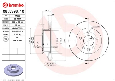 Brembo Bremsscheibe Vorderachse Voll [Hersteller-Nr. 08.5396.10] für VW Image