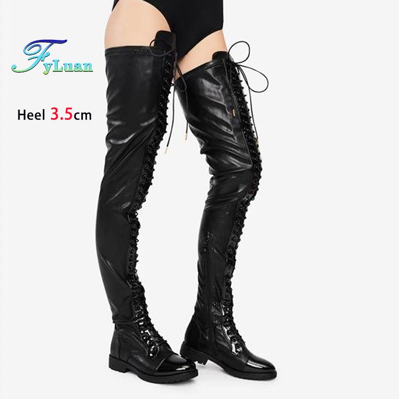 Sexy Oberschenkel Hohe Stiefel Für Frauen 3,5 CM Lace-up Leder Über Das Knie Stiefel SM Cosplay Schwarze Schuhe nachtclub High Heel Botas Mujer