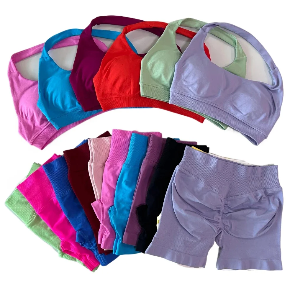 Ensemble de 2 pièces pour femmes, ensemble de yoga sans couture, ensembles d'entraînement, soutien-gorge de sport à bretelles, shorts à fronces, tenue de gym, vêtements de fitness, vêtements de sport