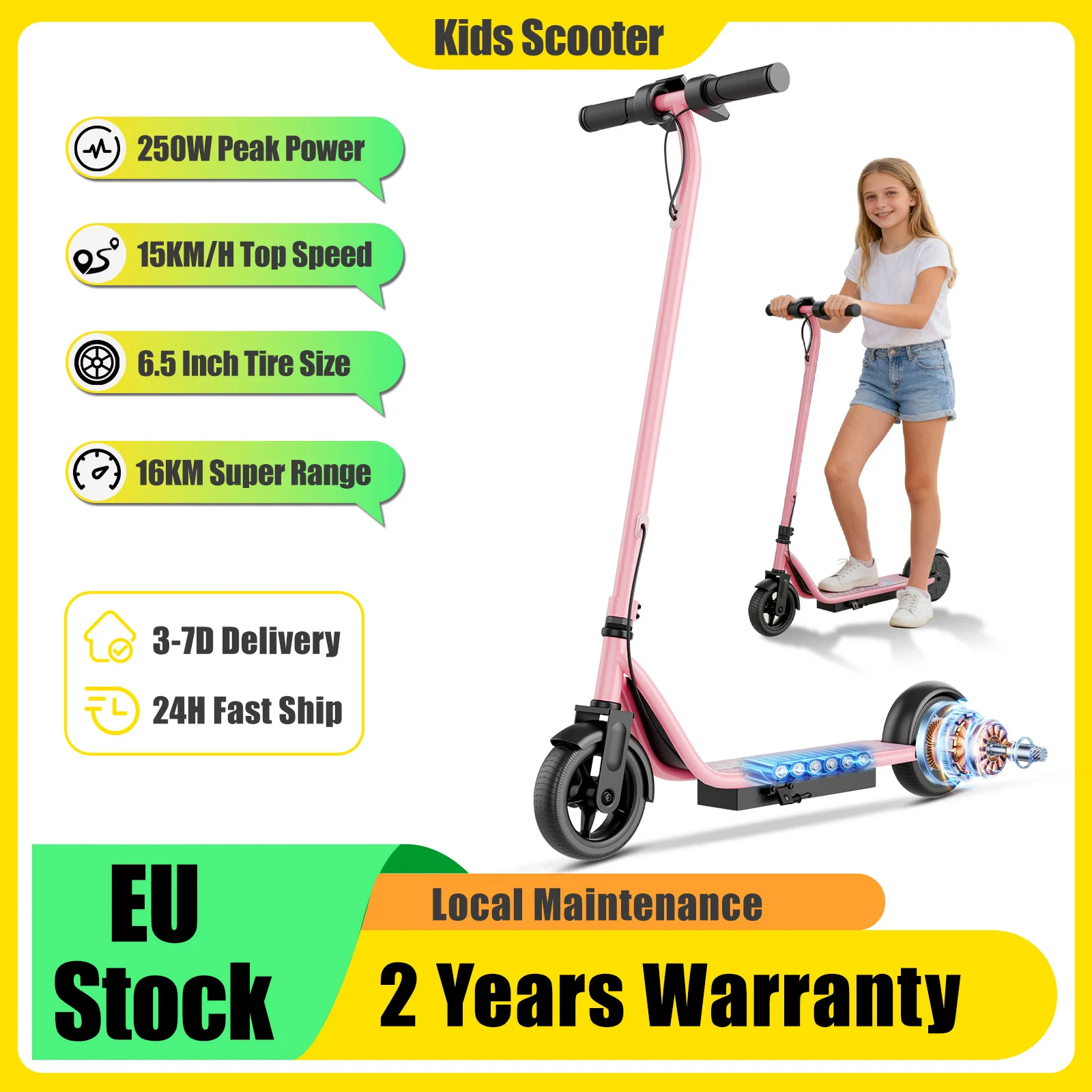 JUICEASE Elektroroller für Kinder, Doppelbremse, rosa-schwarz, 15 km/h, 4,4 Ah Kapazität, 250 W, besonderes Kindergeschenk Image