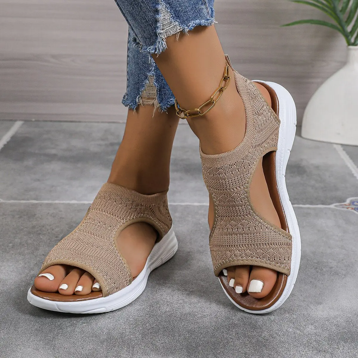 Modische Neue Elegante Mesh-Keilabsatz-Sandalen Sommer Runde Zehenpartie Bequeme Rutschfeste Peeptoe Freizeitsandalen Image