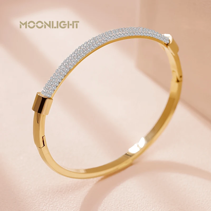 MOONLIGHT Mode Zirkonia Manschette Armreifen für Frauen Trendy Titan Stahl Rund Klassische Armband Weiblichen Schmuck Geschenk Image