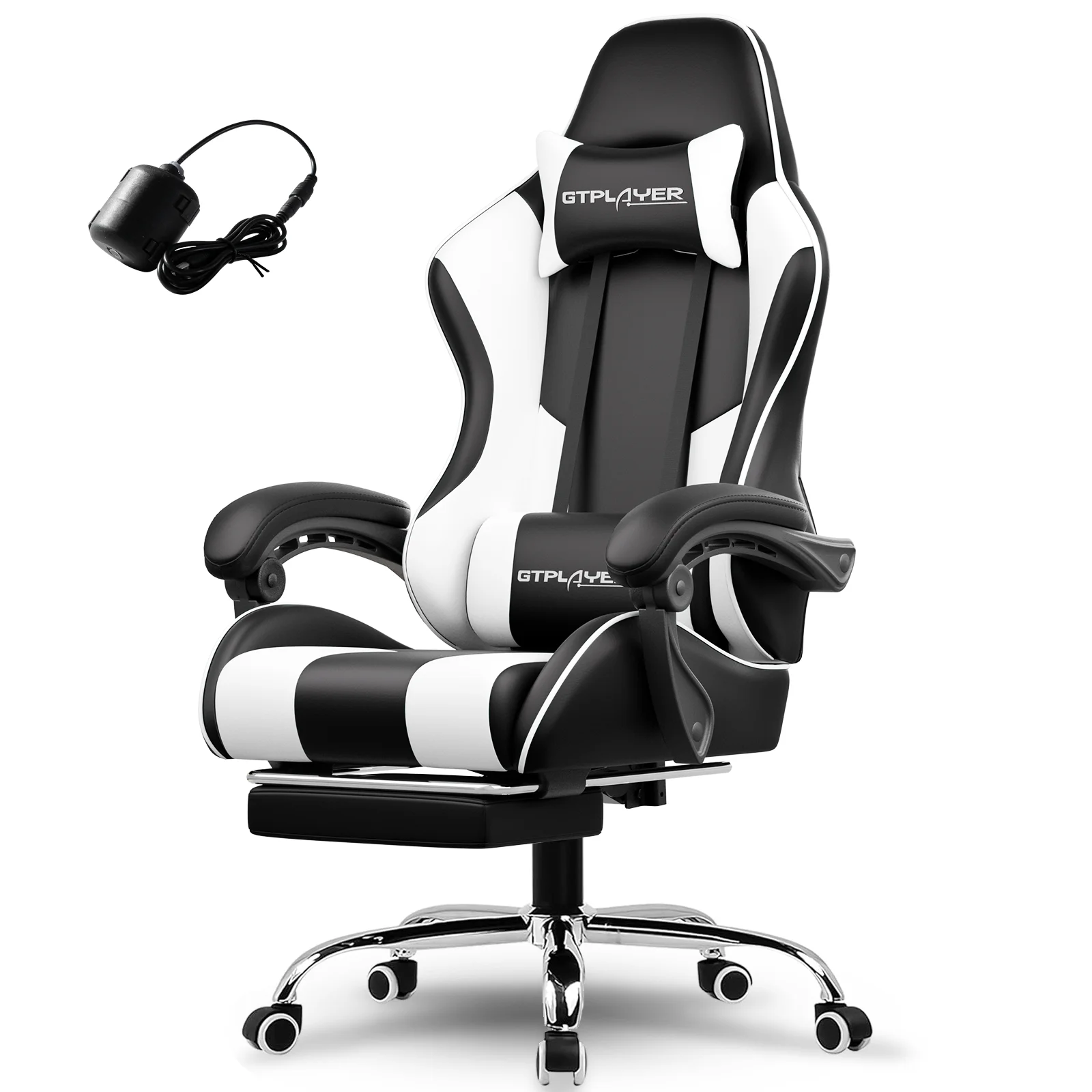 GTPLAYER Gaming Stuhl Bürostuhl Massage Gaming Sessel Ergonomischer Gamer Stuhl mit Fußstütze, Massage-Lendenkissen, Drehsessel Image