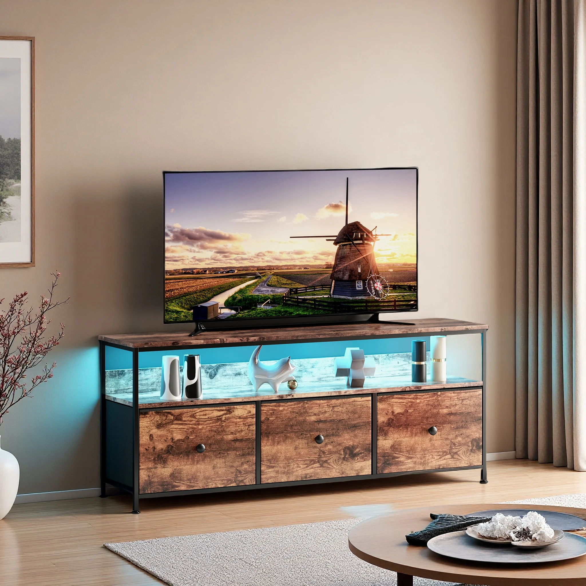 Superaly 108×29,8×57cm TV-Schrank mit 3 Schubladen & LED, offenen Fächern, Kommode, TV-Lowboard für Wohnzimmer, Schlafzimmer Image