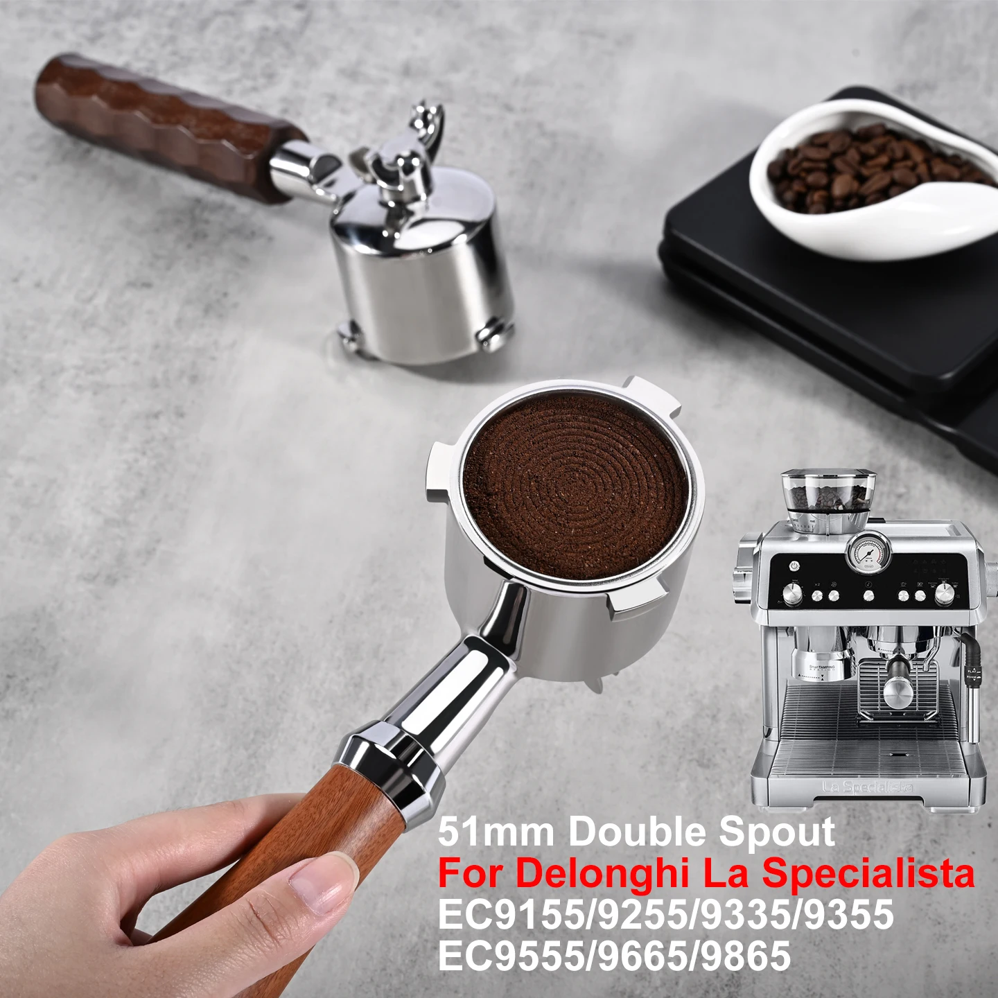 51mm Doppelauslauf-Kaffee-Siebträger für Delonghi La Specialista EC9155 EC9255 EC9335 EC9355 EC9665 EC9865 Kaffee-Zubehör Image