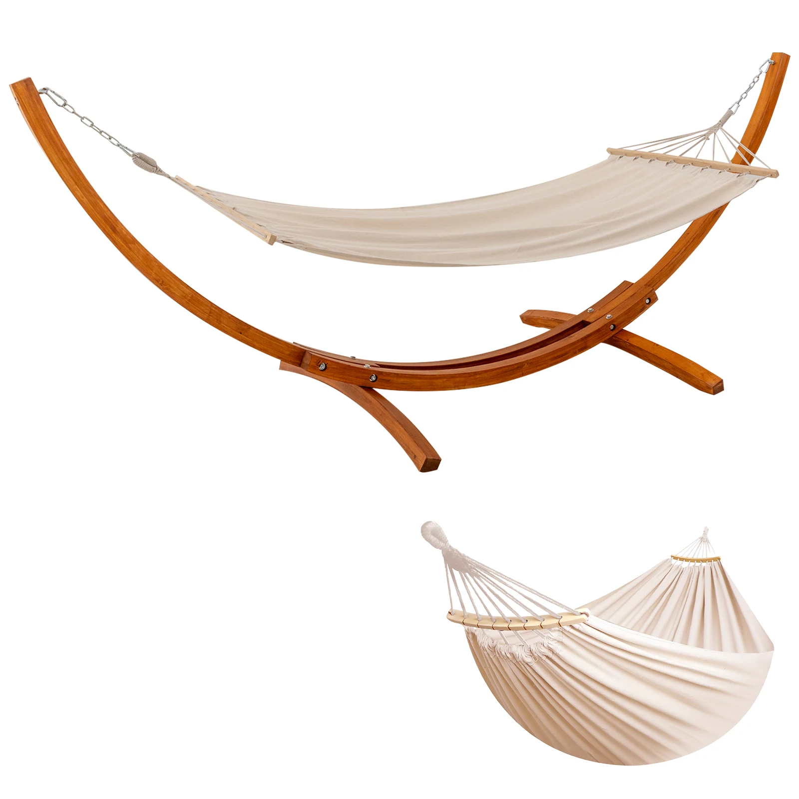 HOMAVO Hängematte mit Holzgestell, doppelte Tuchausstattung austauschbar, Liegefläche 200×150 cm, Doppel-Hängematte Set, bis 15