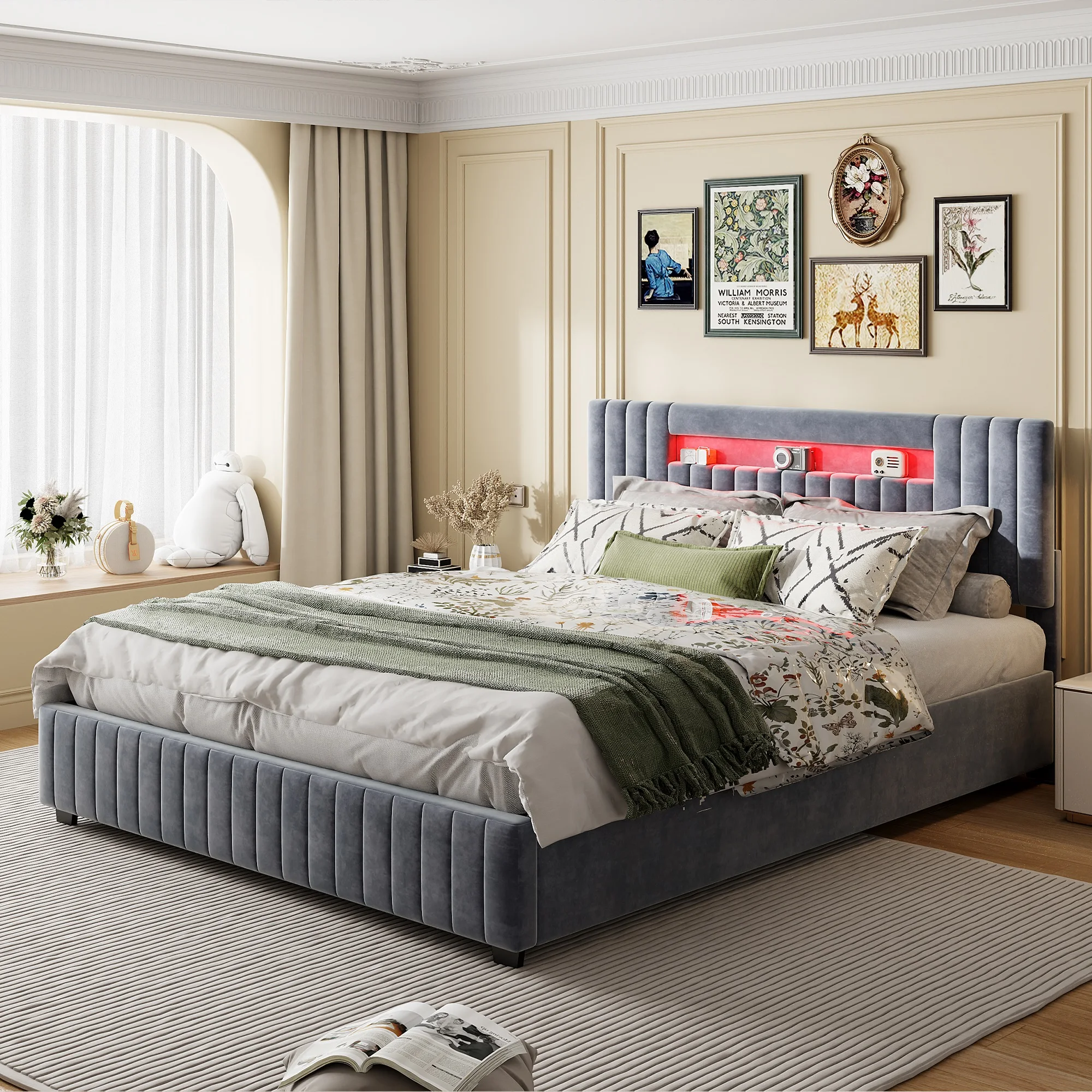 Comanlai 140/160 cm x 200 cm großes LED-Polsterbettgestell, Doppelbett, hydraulisches Bett, Luftdruckbett mit Aufbewahrungsfunktion, Grau, Samt Image