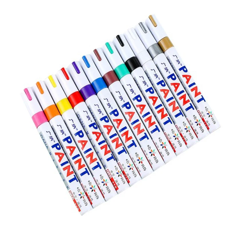 1-6 Stück bunte Permanent-Farbmarker, wasserfeste weiße Marker für Reifenprofil, Gummi, Stoff, Metall, 12 Farben, Farbmarkerstifte Image