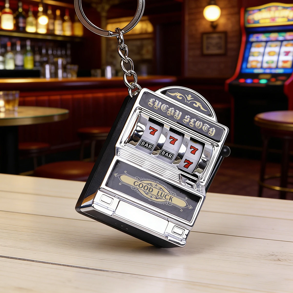 Frucht-Spielautomat Schlüsselanhänger Glücksbringer Jackpot Schlüsselanhänger Mini-Casino Anhänger Taschenanhänger Neuheit Schlüsselhalter Image