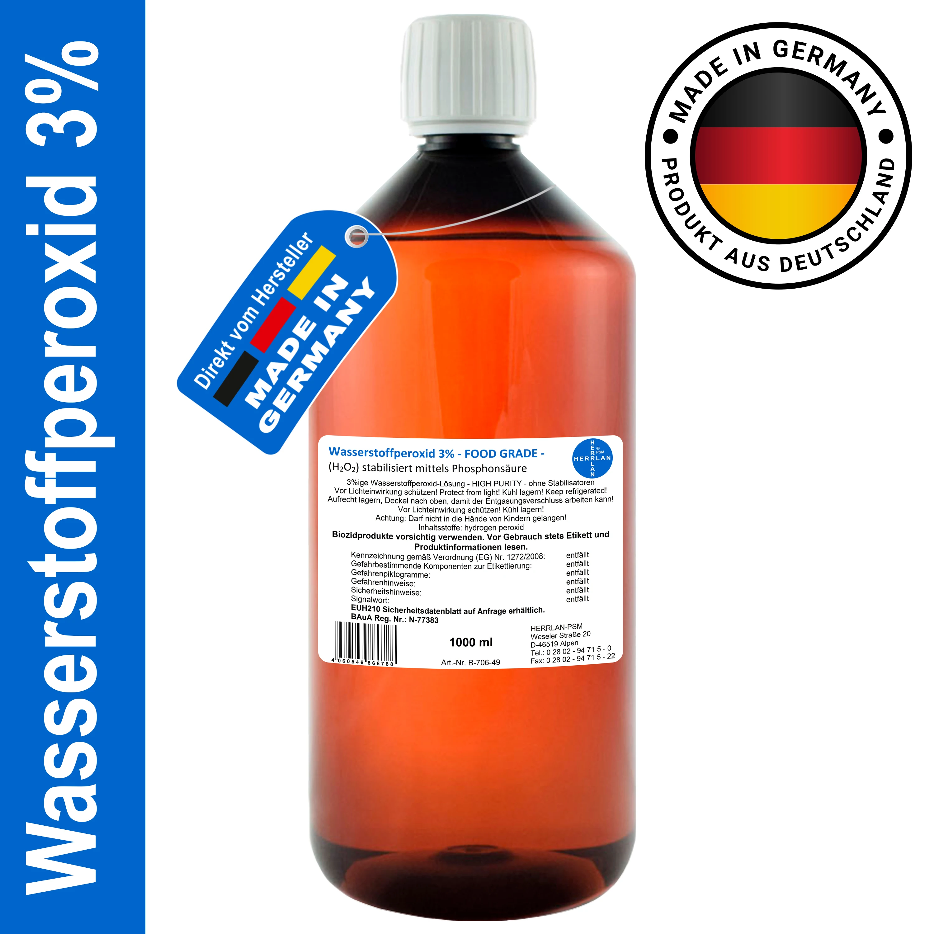 Wasserstoffperoxid 3% FOOD GRADE I 1 Liter bis 10 Liter I MHD 12 Monate I stabilisiert I Herrlan I Made in Germany Image