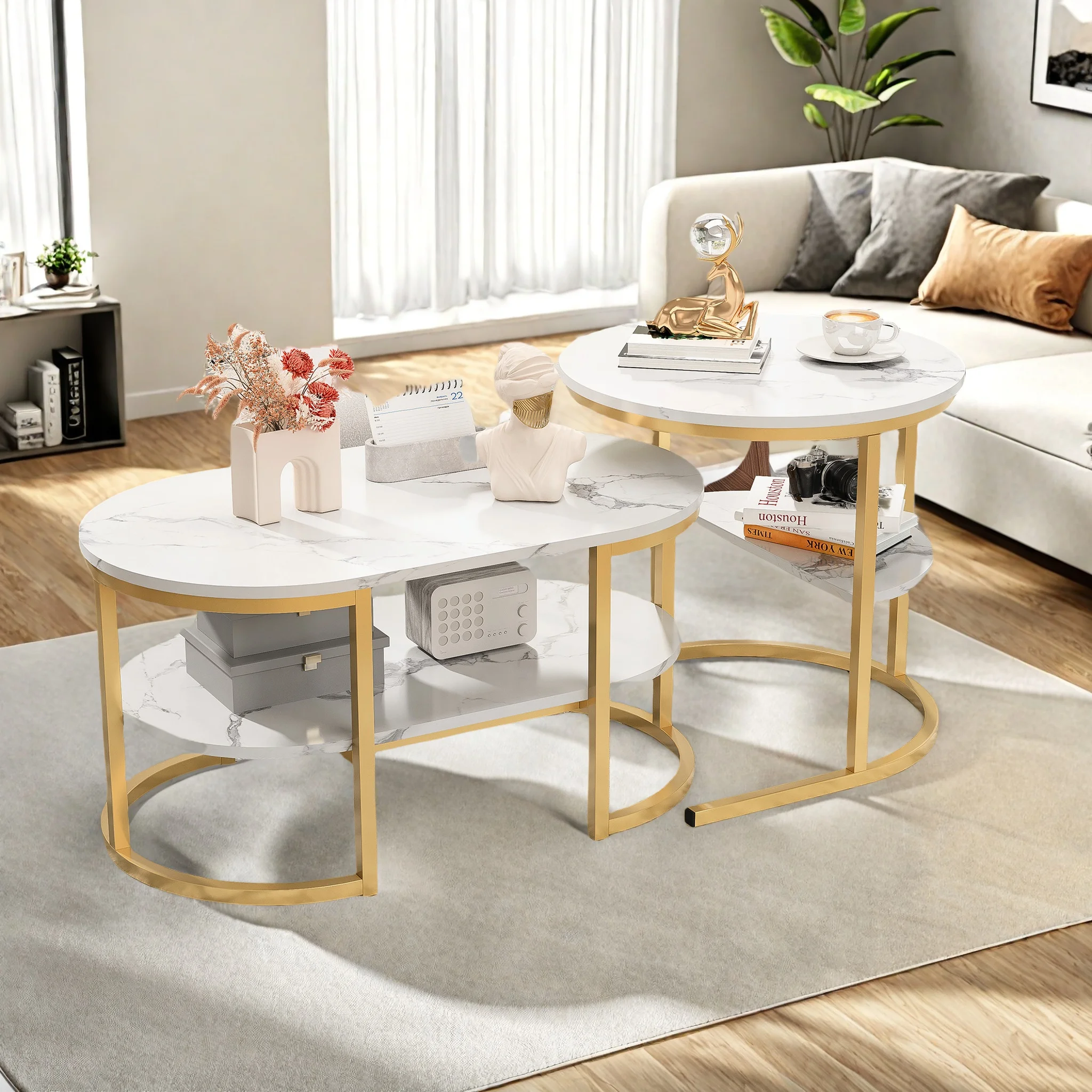 Couchtisch 2er Set, Moderne Nesting Kaffeetisch, Beistelltisch Marmor Optik, Wohnzimmertisch mit Stauraum, Sofatisch mit Metallgestell und Ablage, Marmor Tisch für Wohnzimmer, Büro und Balkon, Weiß + Image