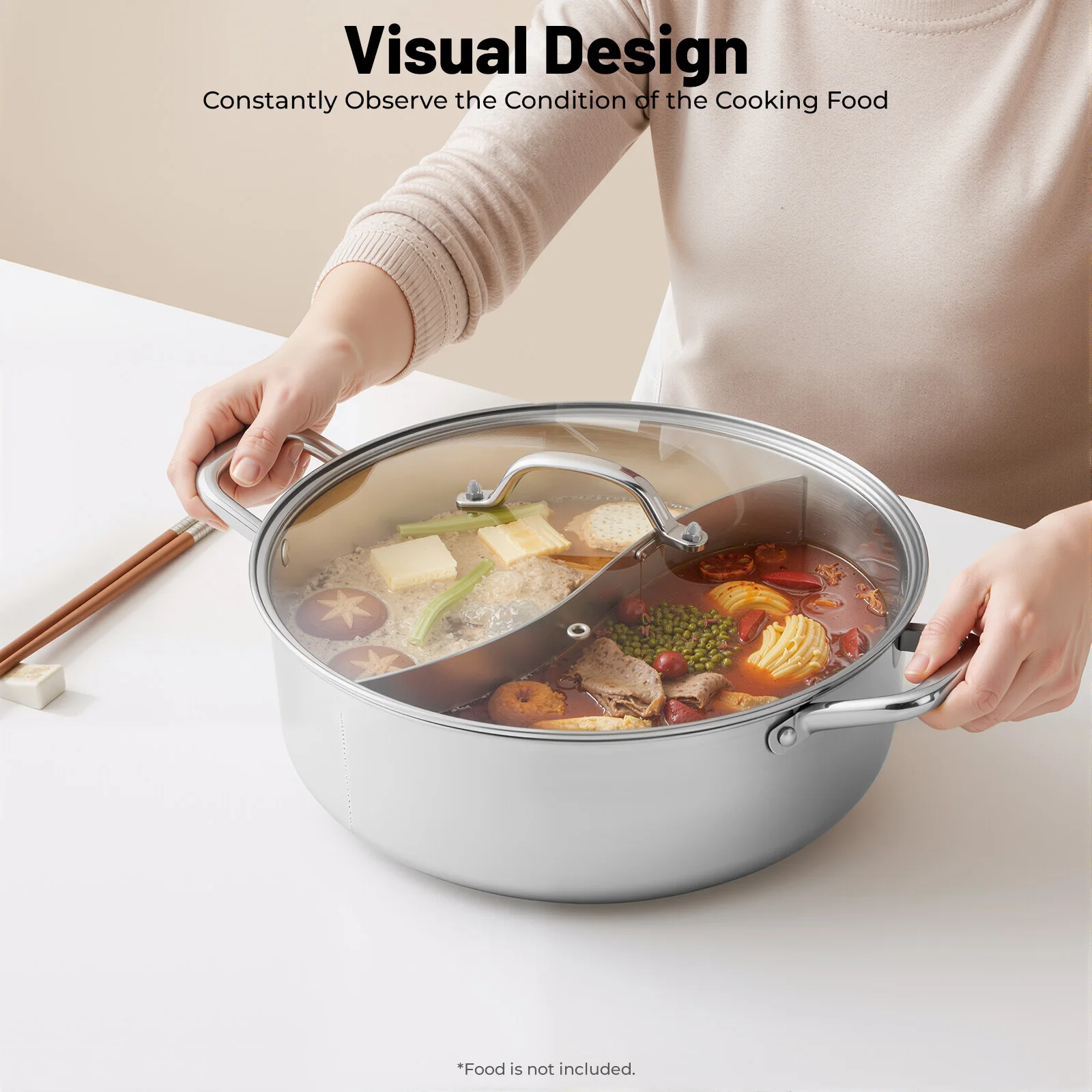 28/32cm Geteilter Edelstahl-Suppentopf Chinesischer Hotpot für Induktionsherde Doppelgeschmack-Hotpot Kochtopf mit Löffel Image