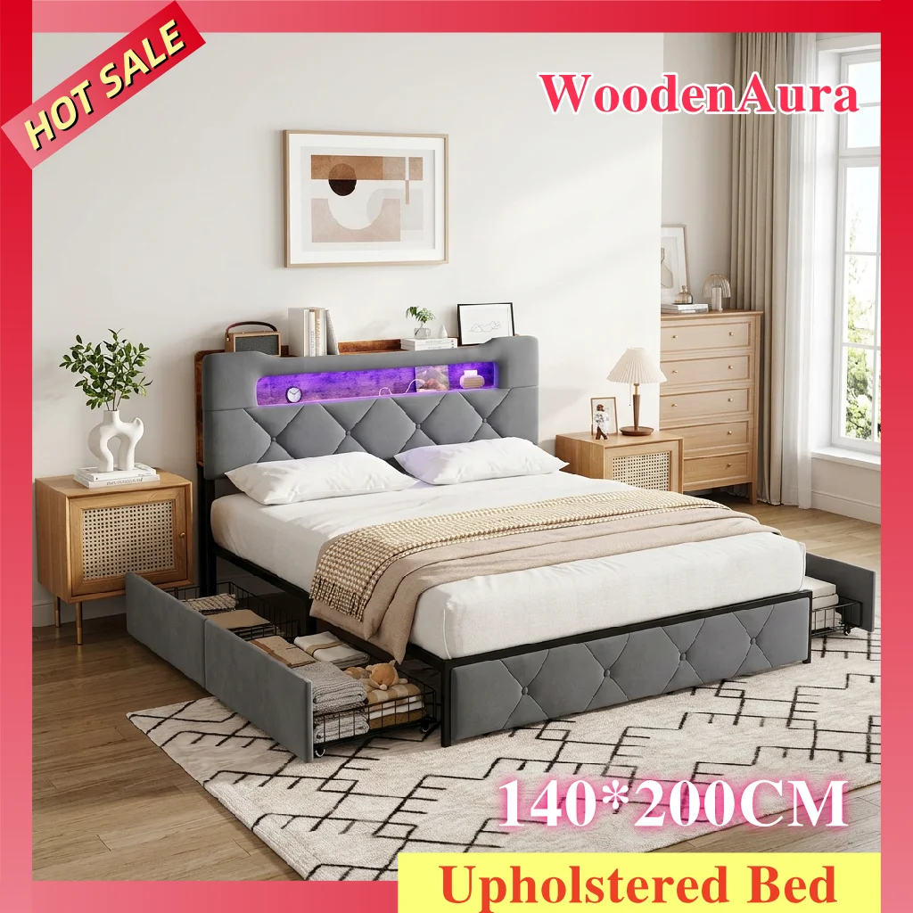 WoodenAura 140x200 cm großes Stauraumbett mit LED-Beleuchtung und USB-Anschlüssen, mit 4 Schubladen und Stauraum im Kopfteil, Samtgrau Image