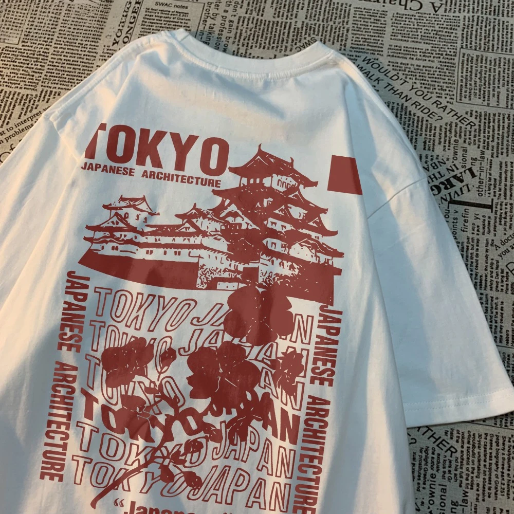 Trendige Baumwoll-Damen-T-Shirts mit japanischem Tokyo-Sakura-Print, Streetwear, weich, atmungsaktiv, Oversize, Sommer, Streetwear für Damen