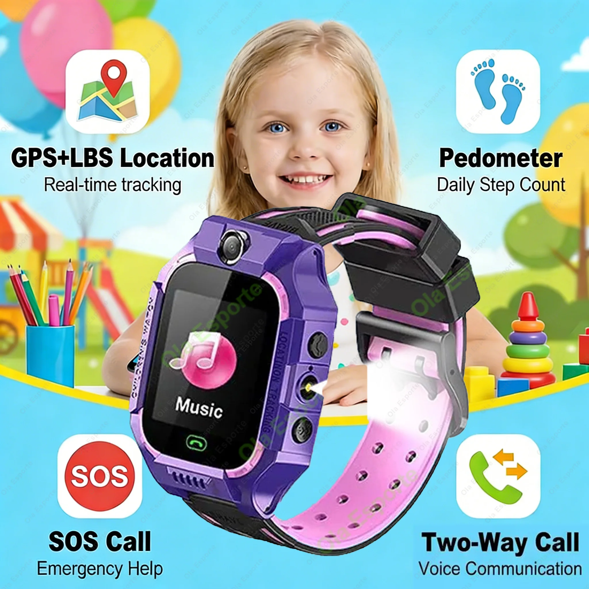 2G Kinder Smartwatch GPS-Tracker, Sprachchat-Kamera, Outdoor-Taschenlampe, SIM-Karte für Anrufe, SOS-Ruf, Geburtstagsgeschenk für Mädchen und Jungen Image