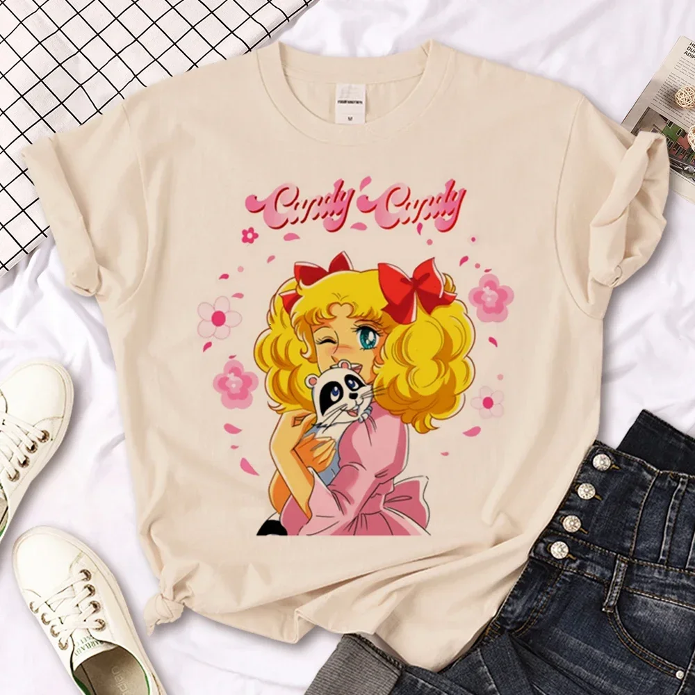 Candy Candy T-Shirt Damen Y2K T-Shirts Weibliche Anime Streetwear 2000er Lässige Damenkleidung Übergroße Kurzarm-Shirts mit Grafik Image