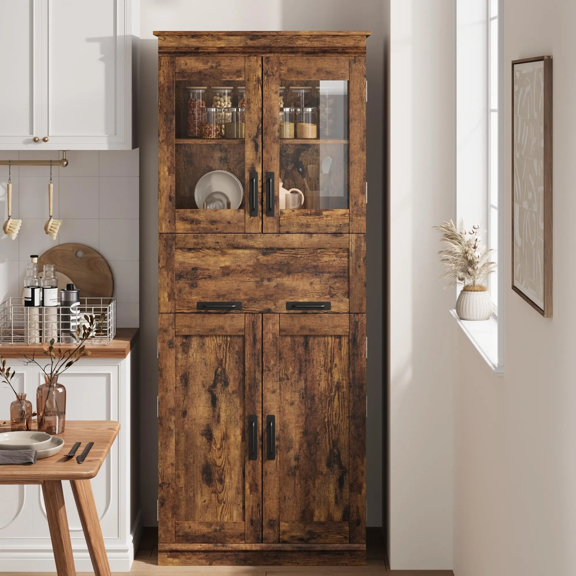 Hoher Badezimmerschrank 170cm mit Glastür/Schublade/Verstellbaren Regalen, Freistehender Organizer für Bad, Küche, Wohnzimmer