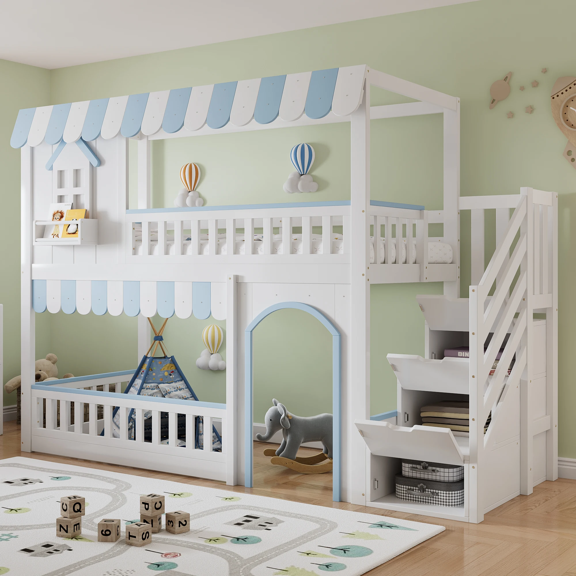 Etagenbett, Kinderbett, mit Treppenstauraum, exquisit gearbeiteten Fenstern und dekorativen Details, 90x200cm Image