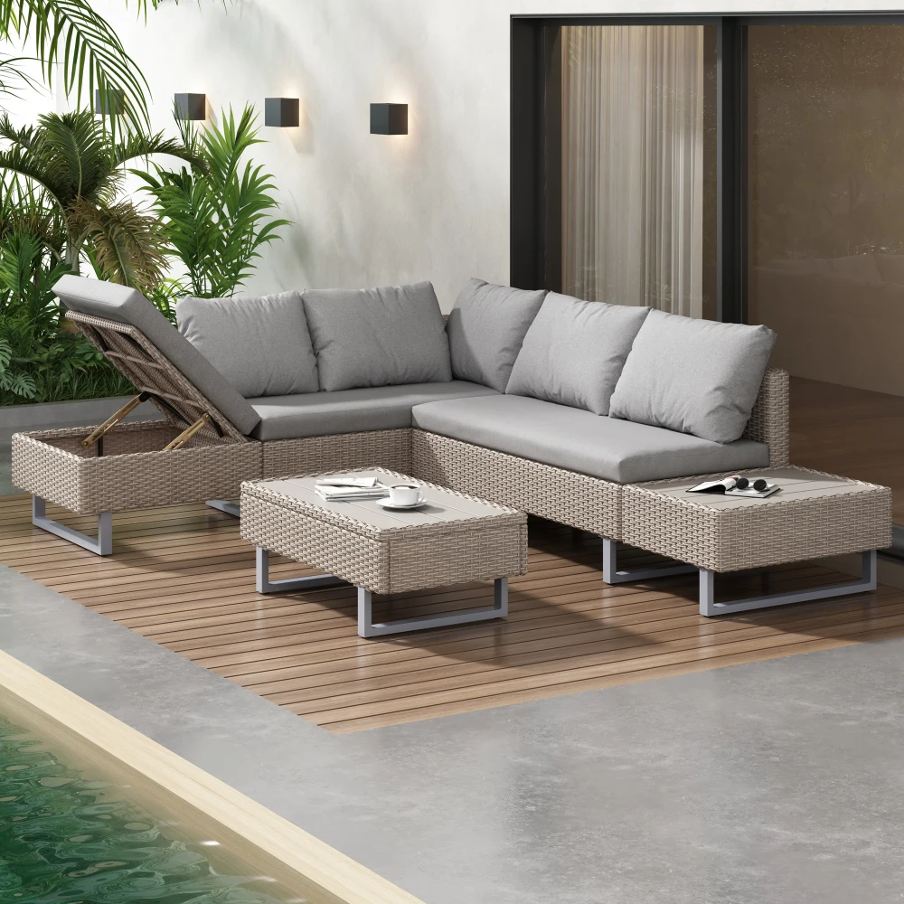Gartenmöbel-Sitzgruppe Sofa Lounge, Garten-Lounge für 4-5 Personen, Ecksofa, Tisch, Abnehmbarer und Waschbarer Stoff