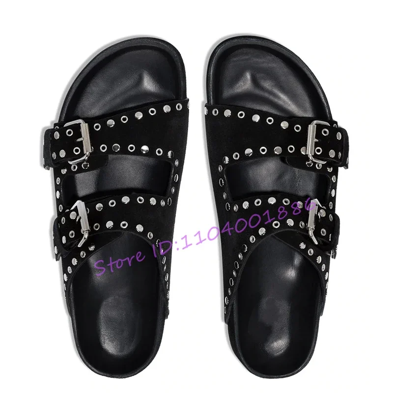 Sommer Kuh Wildleder Dicken Boden frauen Sandalen Niet Gürtel Schnalle Flache Hausschuhe Mode Offene spitze Strand Casual Schuhe Große größe