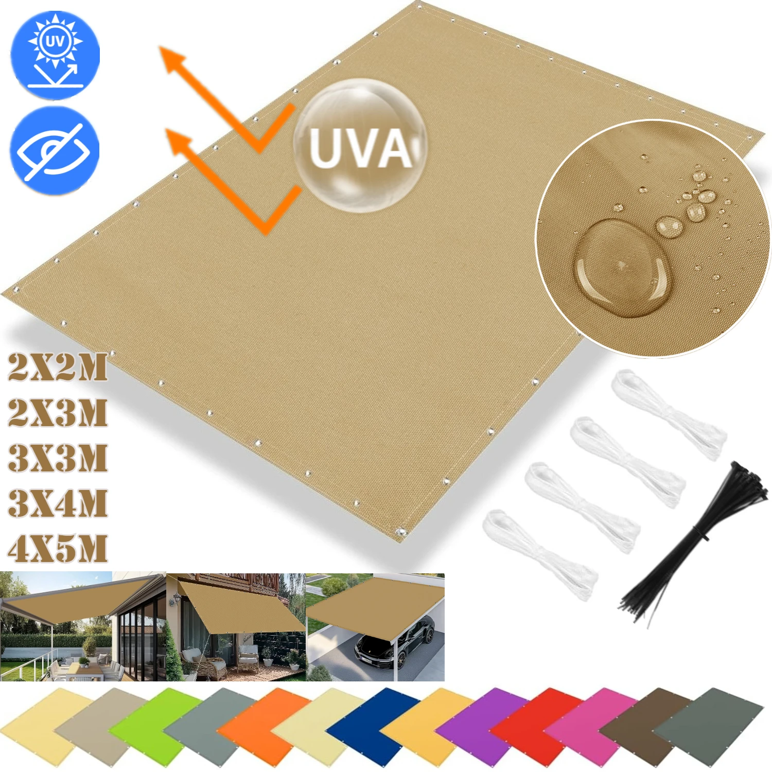 Sonnensegel Wasserdicht 5m/4m/3m/2m UV-Schutz Rechteckig Quadratisch Langlebige Segel Netzgewebe für Gewächshaus Garten Terrasse Hof Image