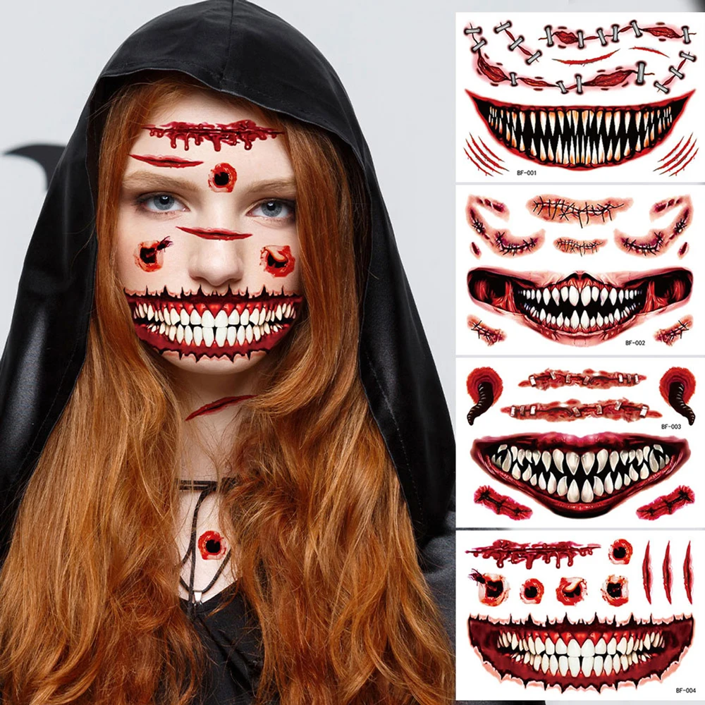 1pc Big Mouth Tattoo Aufkleber für Halloween Party Gesicht Make-Up Wasserdicht Temporäre Tattoos für Frauen Männer Narbe Scary Fake Tattoo Image