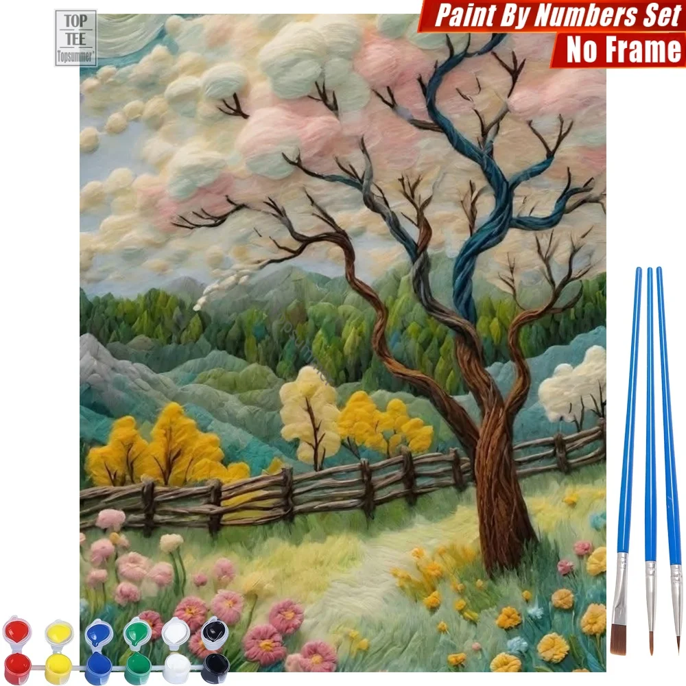 Frühlingsblühende Bäume Malen-nach-Zahlen-Set - Holzzaun, farbenfroh, entspannende Aktivitäten, Weihnachtsgeschenk für Oma Image