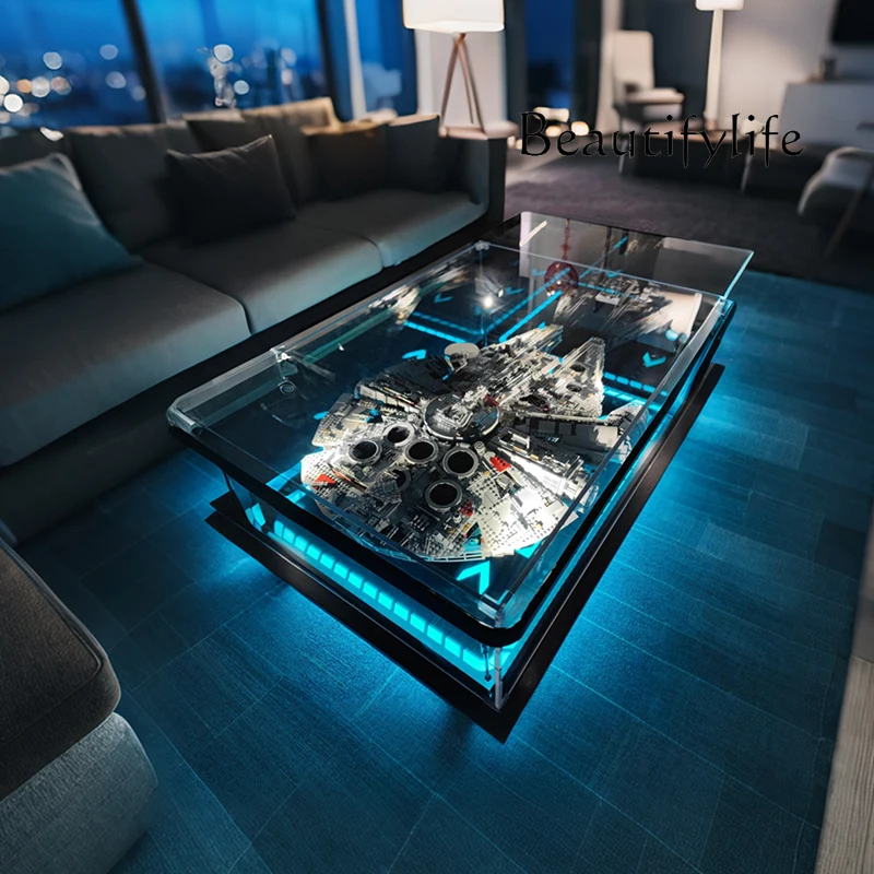 Modernes, einfaches Wohnzimmer, Zuhause, Couchtisch, Acryl, Display-Box, Baustein, Modell, Staubschutz, fortgeschrittener Sinn
