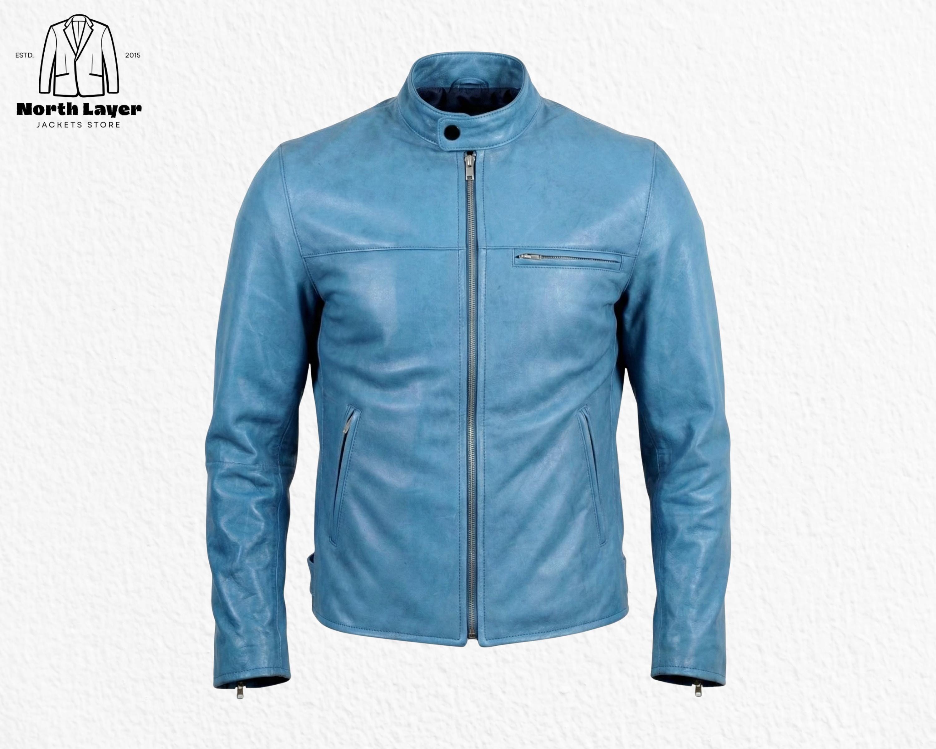 Giacca da motociclista premium in vera pelle azzurra, realizzata a mano - Giacca da moto slim fit in vera pelle di pecora - Regalo di lusso per l'anni