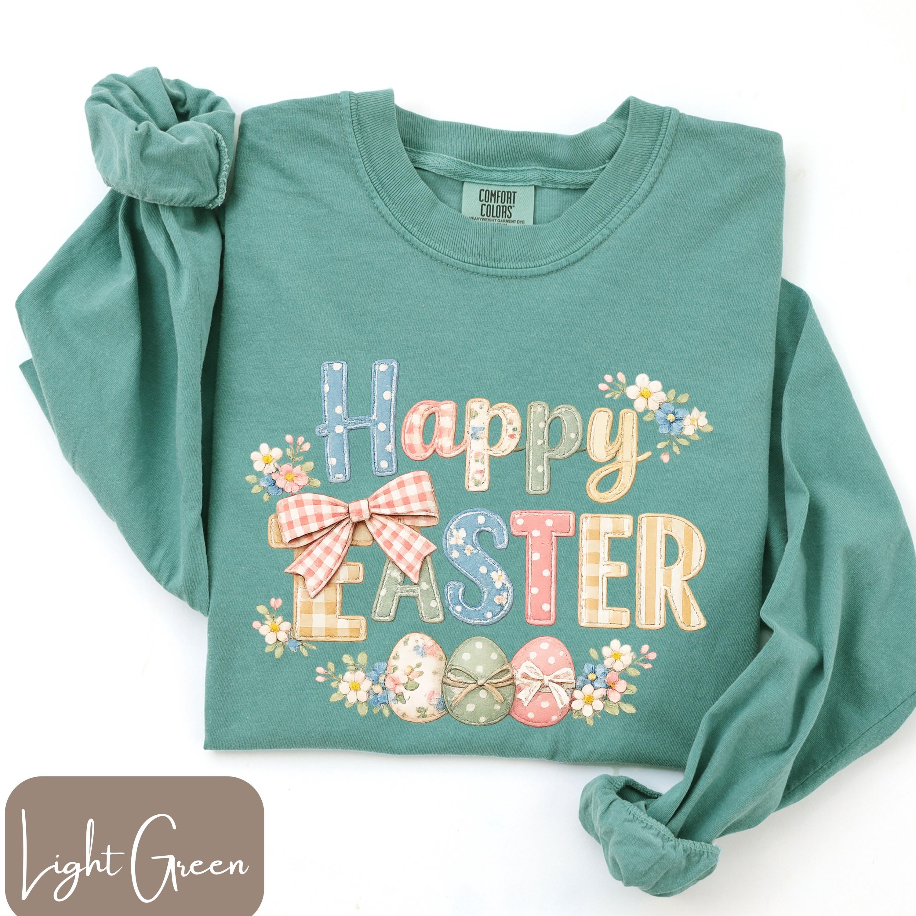 Maglietta Comfort Colors Happy Easter, felpa Coquette Bow Easter, maglietta con coniglietto patchwork floreale, maglietta a maniche lunghe pasquale, c