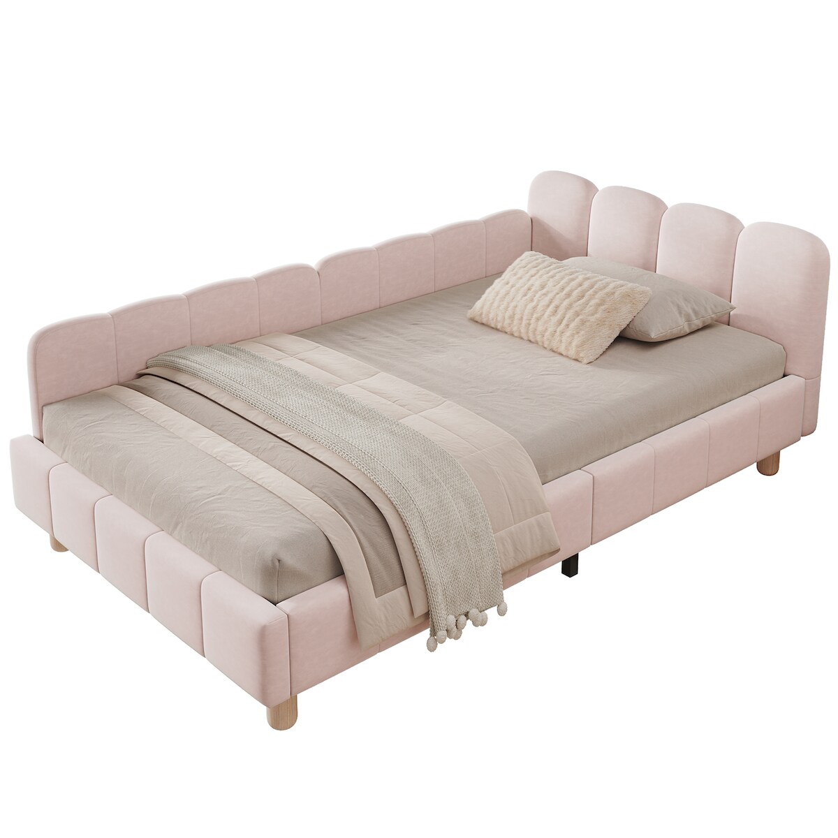 Merax Polsterbett 90x200 cm Einzelbett mit gepolstertem Kopfteil & flexiblem Rausfallschutz (3-fach montierbar), Samt-Bezug, Massivholzbeine, Rosa Image