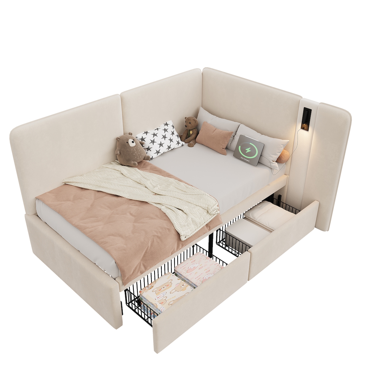 Merax Daybett 90x200 cm, 2-in-1 Sofabett & Einzelbett, Polsterbett mit 2 Schubladen, USB-Ladeanschluss & Leselampe, Samt, Beige Image