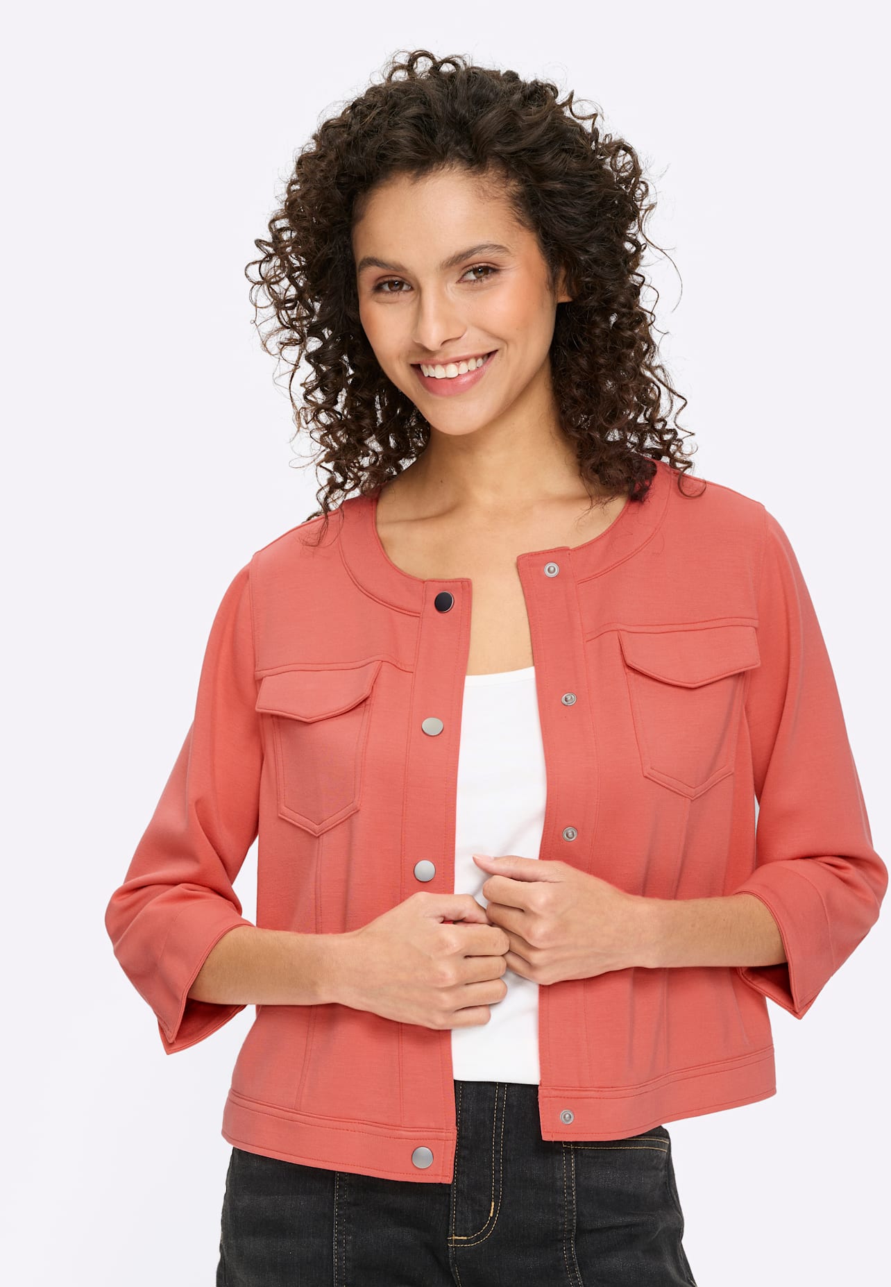 Shirtjacke HEINE "Shirtjacke", Damen, Gr. 48, grapefruit, 55% Viskose, 40% Polyester, 5% Elasthan, unifarben, Rundhals, Shirts Shirtjacke Image