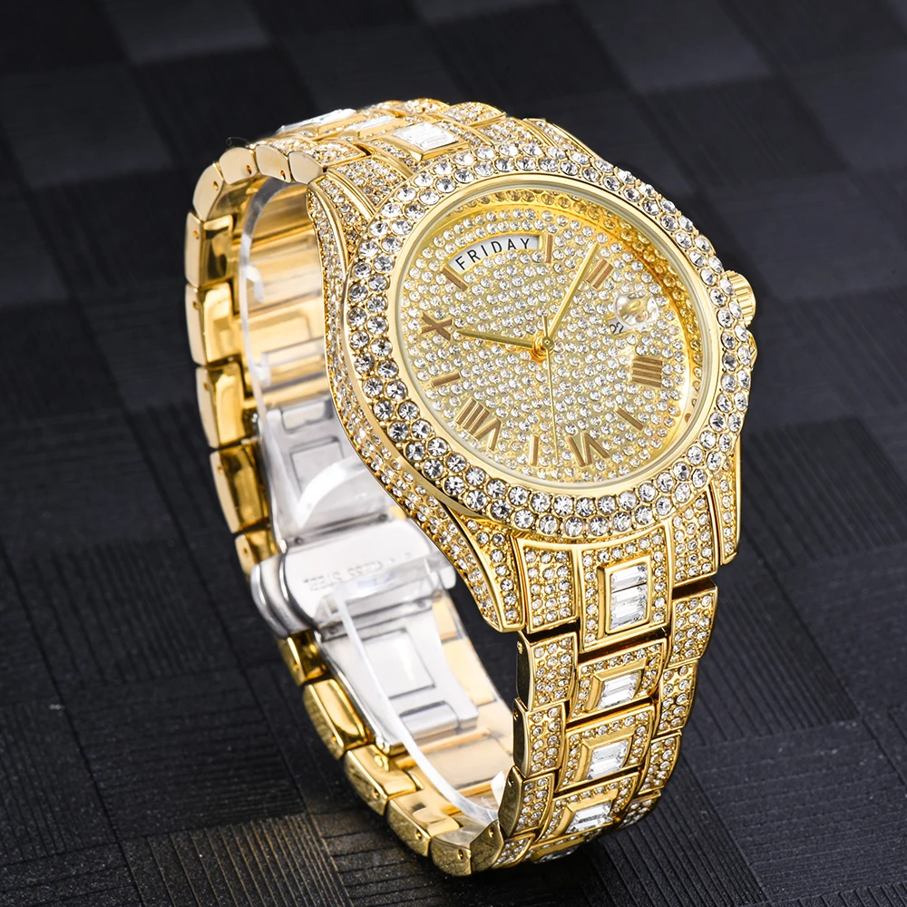 Volle Iced Out Uhr für Männer Luxus Gold Hip Hop Diamant Quarz Herrenuhren Wasserdicht Tag Datum Uhr Meistverkauftes Produkt 2023