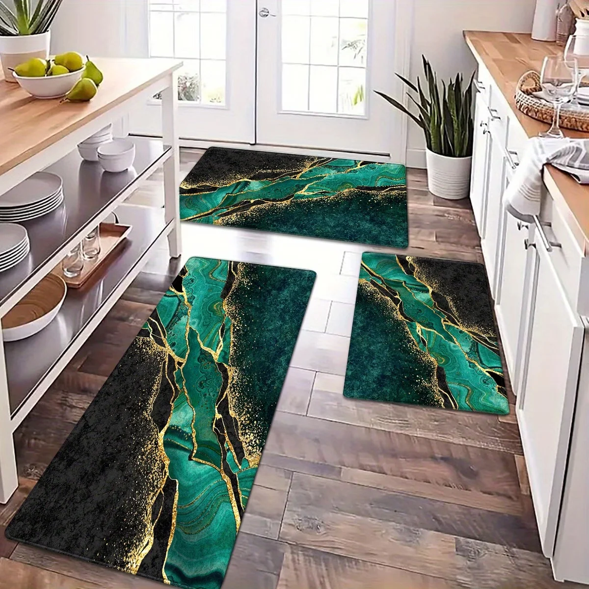 Modern Fluid Art Green Marble Kitchen Mat Non Slip Gold Vein Stone Floor Rug Washable Abstract Hallway Runner Decor Carpet Rug