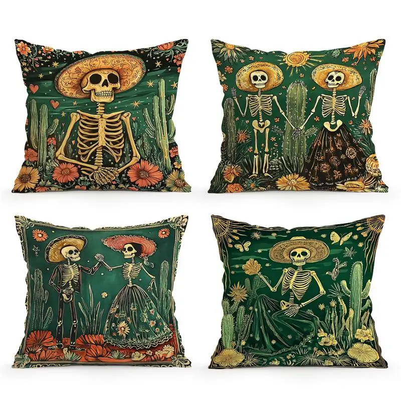 Home Decor Skelette im mexikanischen Stil mit Blumen- und Kaktusmuster, geeignet für Sofa, Schlafzimmer, Auto-Kissenbezug Image