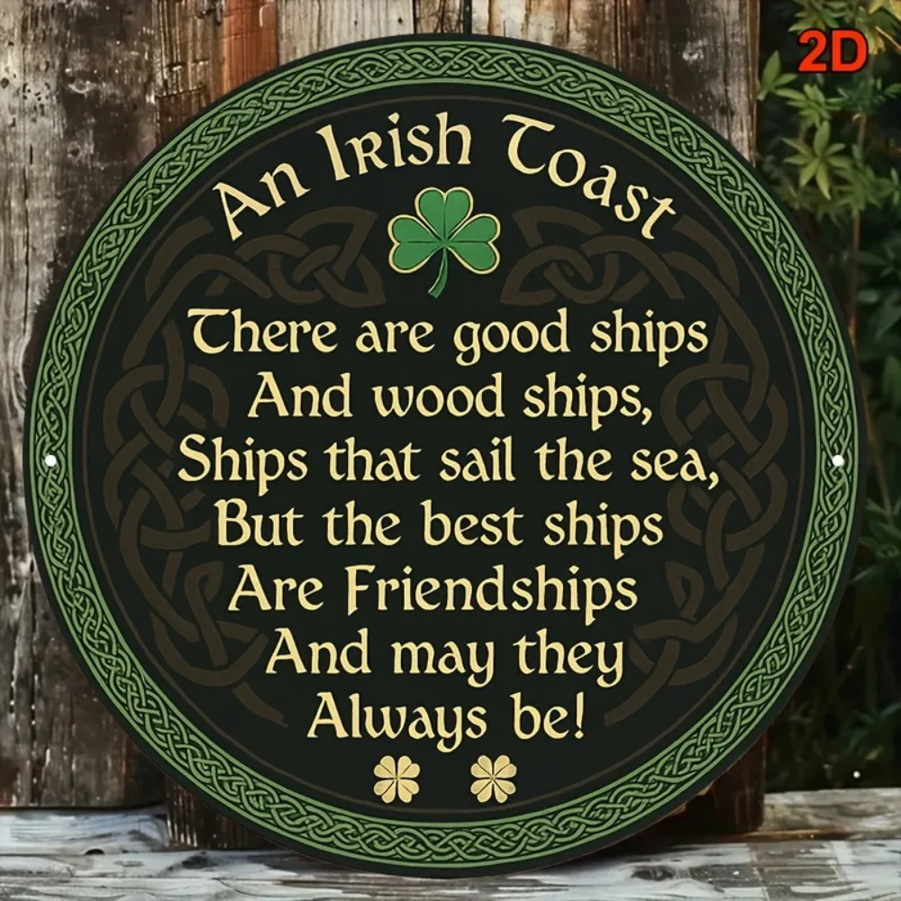 Irish Blessing Celtic Knot Shamrock Rundes Aluminiumschild Vintage Gold Grün 2D Flache Wandkunst 7,87 Zoll