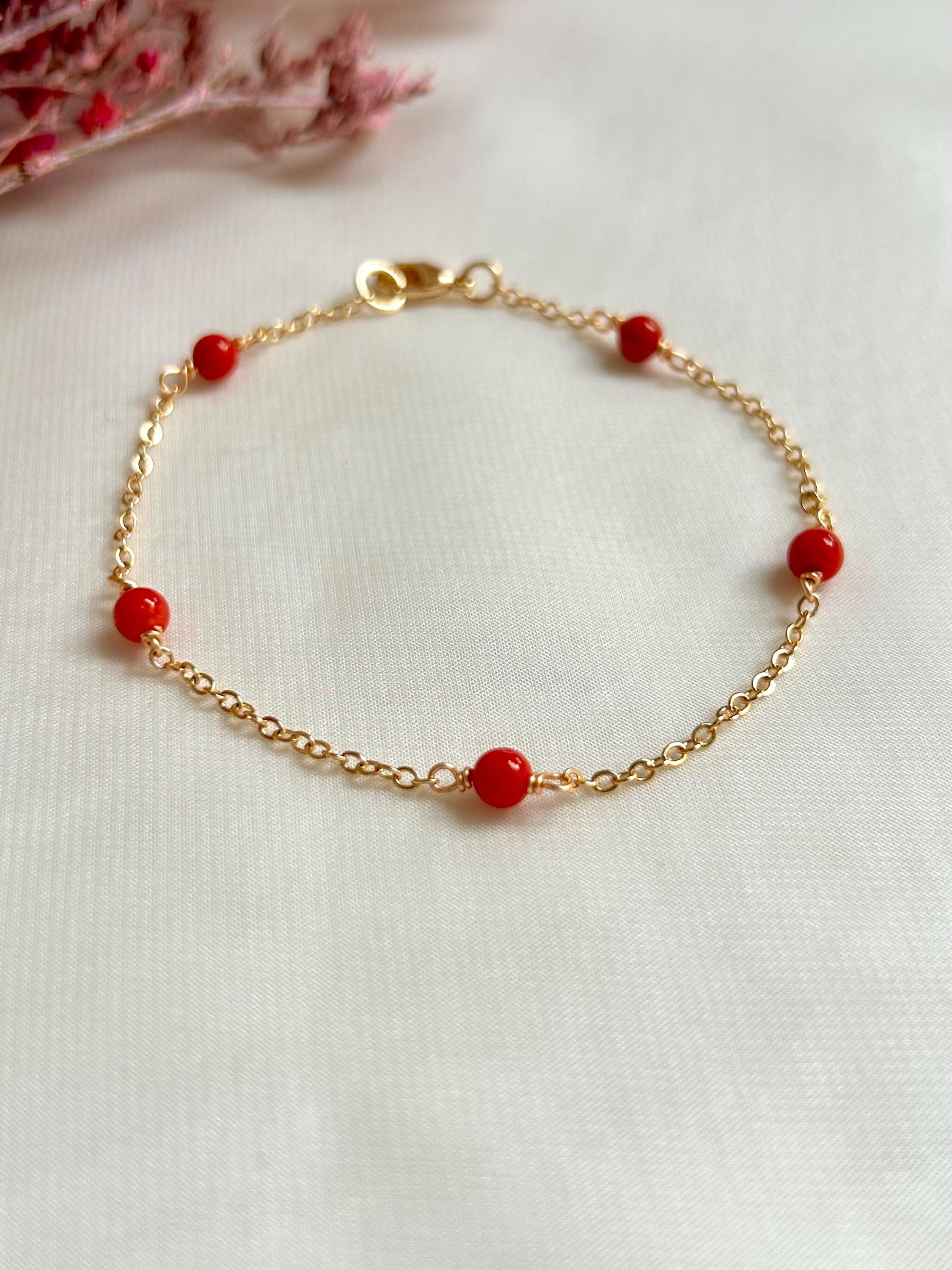 Bracciale in corallo rosso del Mediterraneo/Bracciale con perline/Bracciale in corallo rosso/Gioielli tradizionali/Corallo con perline rotonde/Corallo