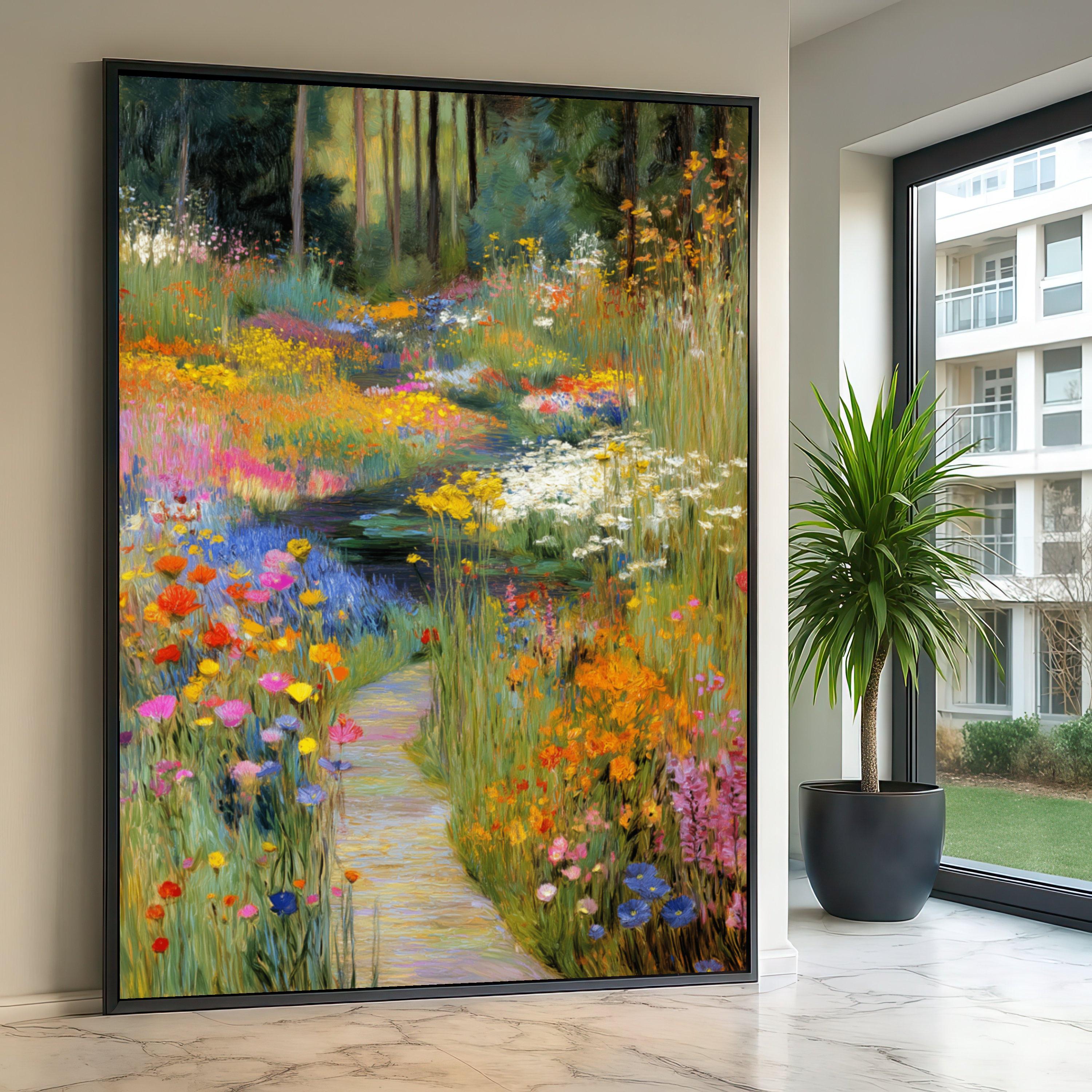 Tela con sentiero fiorito dai colori vivaci, paesaggio da giardino colorato, dipinto di prato fiorito, decorazione su tela a tema natura, opera d'arte