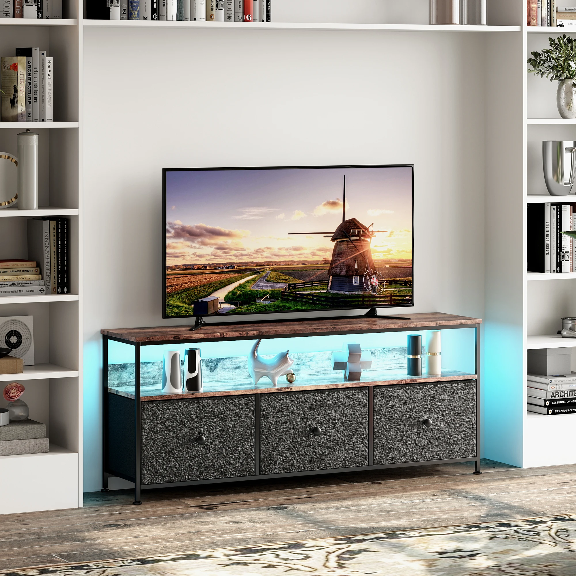 Meuble TV LED Anajqaqia 137 cm, meuble TV avec 3 tiroirs, table TV, meuble TV, pour salon, chambre, noir