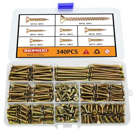 M4 Flat Head Wood Screws Assortment Kit 340 Pcs Phillips Drive Countersunk Flat Head Self-Tapping Wood Screws Yellow Zinc Plated Finish Screw Kit Self Tapping Screws for Metal Full Thread