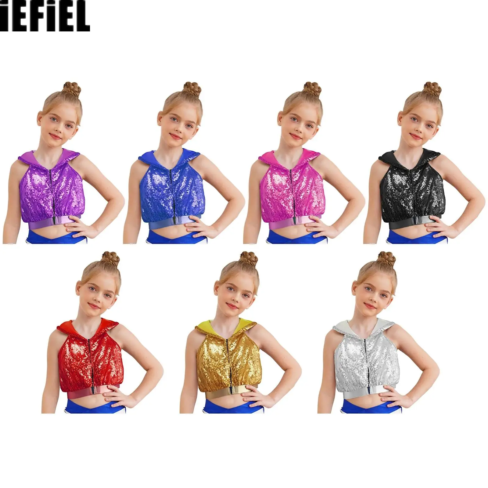 Top da ballo per bambina con paillettes senza schienale, senza maniche, con cerniera frontale, top corto con cappuccio scintillante per abbigliamento da ballo jazz hip-hop