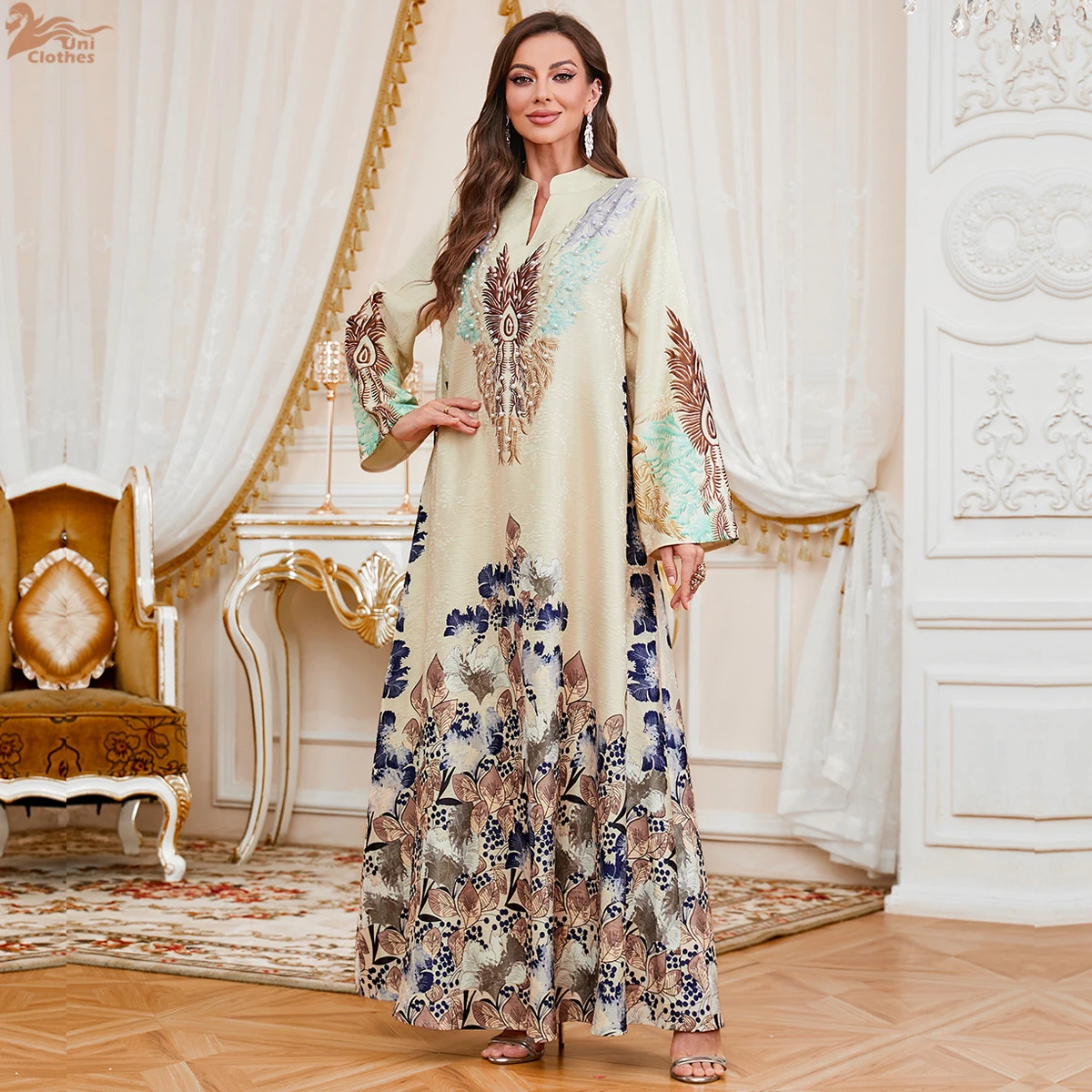 Uni Ramadan Dubai Luxury Floral Print Women Abayas Muslim Women Beading V-Neck Kaftan