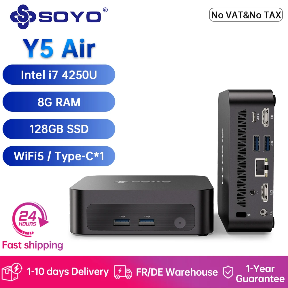 SOYO Mini-PC Y5 Air Intel i5 4250U CPU mit 8 GB RAM, 128 GB M.2 SSD, Mini-Desktop-Computer, Dual 4K-Display, WiFi 5, BT4.2, USB-C Image